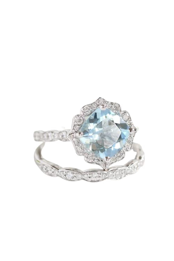 2ct Natural Blue Aquamarine Bridal Set Engagement Ring 100% 14k SOLID White Gold