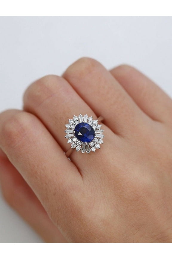 2ct Natural Blue Sapphire & Diamond Ring Ballerina 100% 14k SOLID White Gold