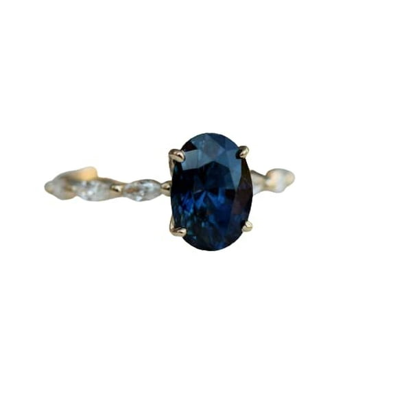 HeartsAndYou 2ct Natural Blue Sapphire & Diamond Ring Marquise Accents 14k SOLID Yellow Gold