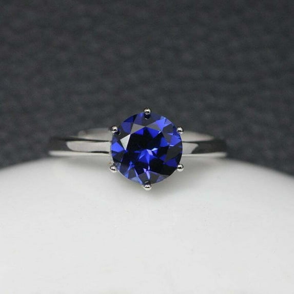 HeartsAndYou 2ct Natural Blue Sapphire Engagement Ring 6 Prong Solitaire 14k SOLID White Gold