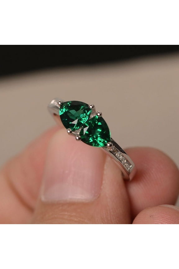 2ct Natural Cut Green Emerald Two Stone Engagement Ring 14k SOLID White Gold