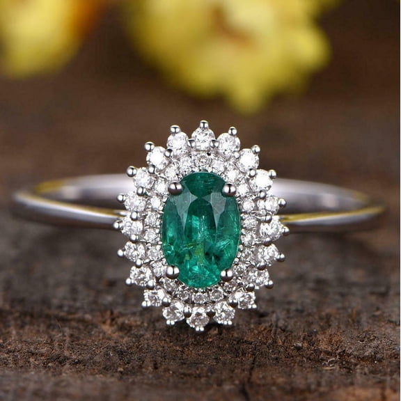 HeartsAndYou 2ct Natural Emerald & Diamond Engage Ring Dual Halo Floral 14k SOLID White Gold