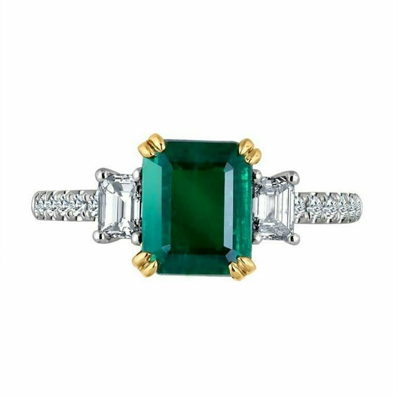 HeartsAndYou 2ct Natural Emerald & Diamond Ring Trilogy Accent Solitaire 14k SOLID White Gold