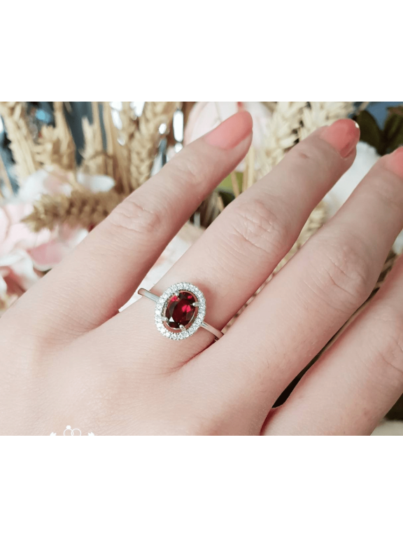 2ct Natural Garnet Birthday Ring 14k SOLID White Gold Halo Cluster Statement