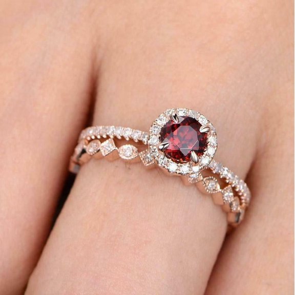 HeartsAndYou 2ct Natural Garnet Bridal Set Vintage-Inspired Band Ring 14k SOLID Rose Gold