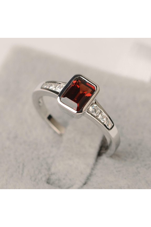2ct Natural Garnet Diamond Bezel Set Solitaire Accent Ring 14k SOLID White Gold