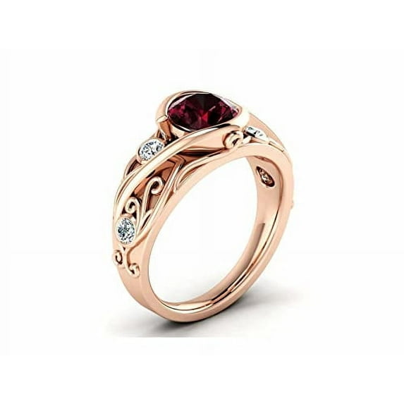 HeartsAndYou 2ct Natural Garnet & Diamond Leaf Vine Solitaire Accent Ring 14k SOLID Rose Gold