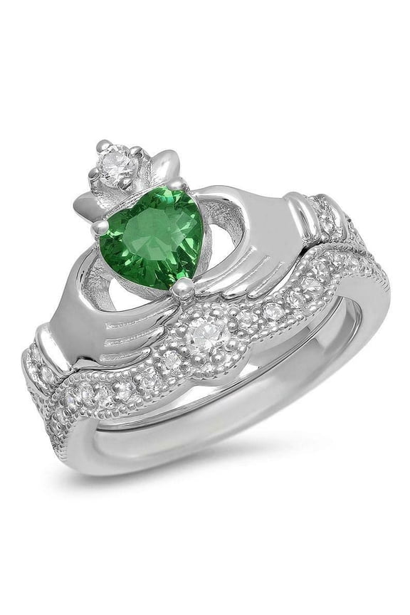2ct Natural Green Claddagh Bridal Set Ring 100% REAL 14k SOLID White Gold