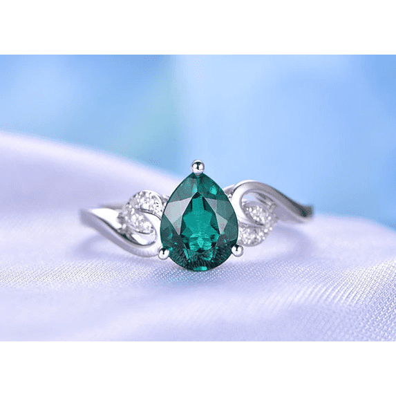 HeartsAndYou 2ct Natural Green Emerald & Diamond Ring Flower Leaf Design 14k SOLID White Gold