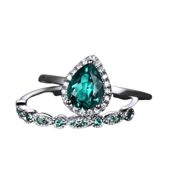 HeartsAndYou 2ct Natural Green Emerald Fancy Bridal Set Engagement Ring 14k SOLID White Gold