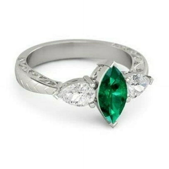 HeartsAndYou 2ct Natural Green Emerald Stylish Three Stone Ring 100% 14k SOLID White Gold
