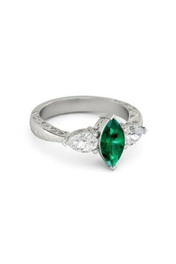 2ct Natural Green Emerald Stylish Three Stone Ring 100% 14k SOLID White Gold