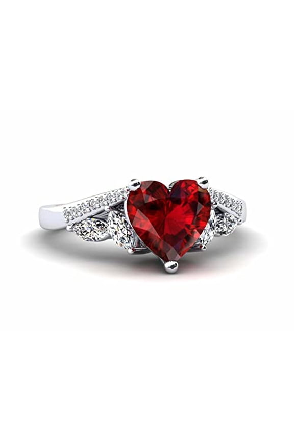 2ct Natural Heart Red Ruby & Diamond Ring Art Deco Accent 14k SOLID White Gold
