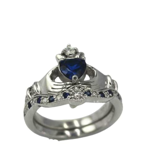 HeartsAndYou 2ct Natural Heart Sapphire Diamond Ring Claddagh Bridal Set 14k SOLID White Gold