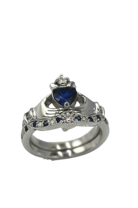 2ct Natural Heart Sapphire Diamond Ring Claddagh Bridal Set 14k SOLID White Gold
