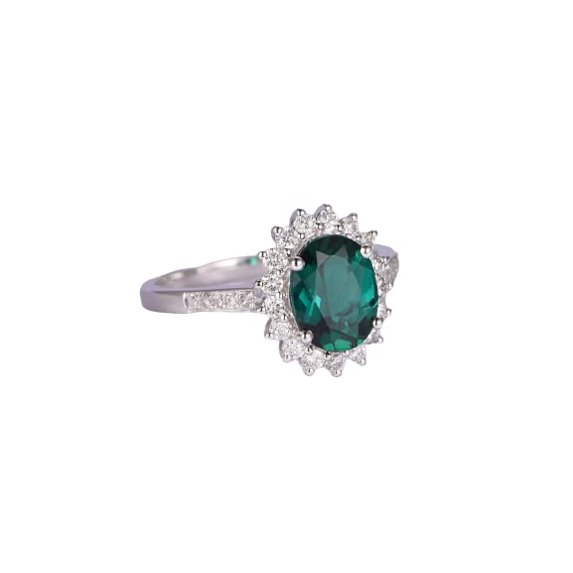 HeartsAndYou 2ct Natural Oval Green Emerald & Diamond Floral Halo Ring 14k SOLID White Gold