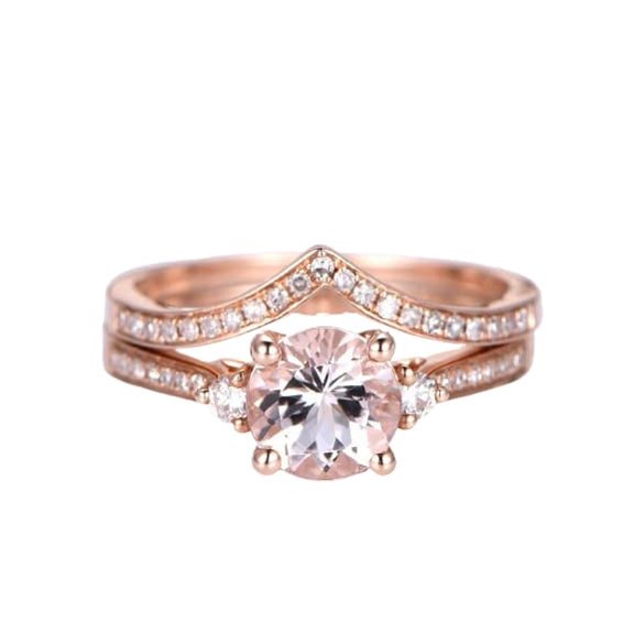 HeartsAndYou 2ct Natural Peach Morganite Bridal Set Engagement Ring 100% 14k SOLID Rose Gold