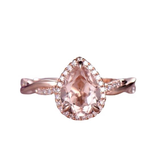 HeartsAndYou 2ct Natural Pear Morganite Diamond Ring Halo Twist Infinity 14k SOLID Rose Gold