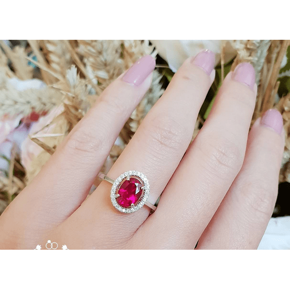 HeartsAndYou 2ct Natural Pink Ruby Ring 100% 14k SOLID White Gold Halo Cluster Statement