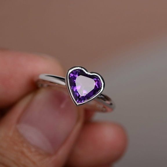 HeartsAndYou 2ct Natural Purple Amethyst Bezel Promise Engagement Ring 14k SOLID White Gold