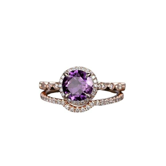 HeartsAndYou 2ct Natural Purple Amethyst Bridal Set Halo Engagement Ring 14k SOLID Rose Gold