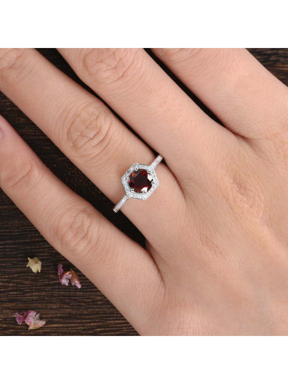2ct Natural Red Ruby & Diamond Hexagon Halo Ring 100% REAL 14k SOLID White Gold