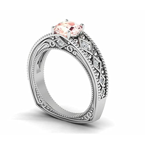HeartsAndYou 2ct Natural Round Morganite & Diamond Milgrain Stylish Ring 14k SOLID White Gold