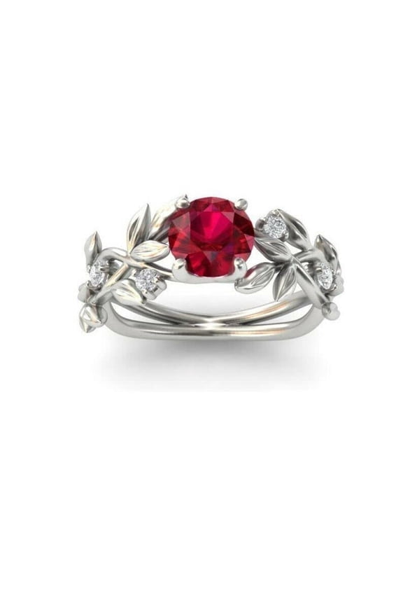 2ct Natural Ruby Diamond Engage Ring Flower Leaf Solitaire 14k SOLID White Gold