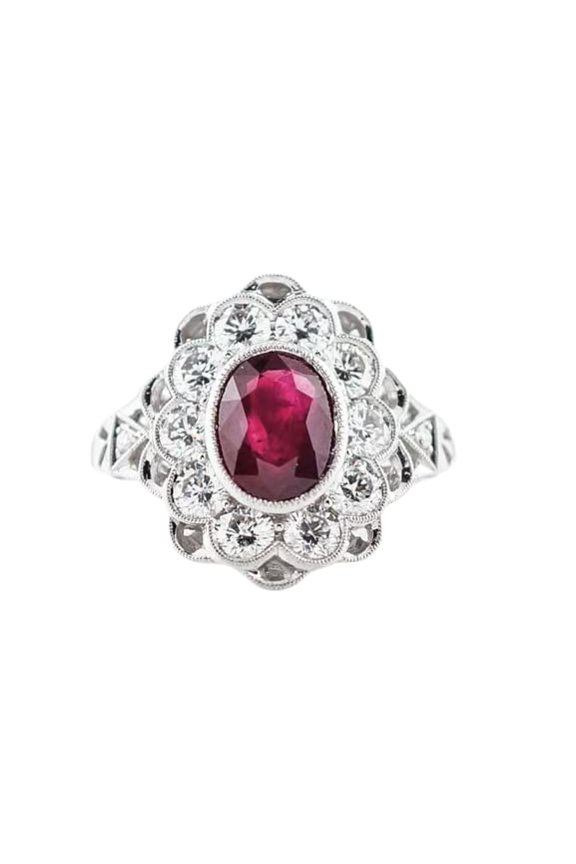 2ct Natural Ruby Diamond Engagement Ring Milgrain Art Deco 14k SOLID White Gold