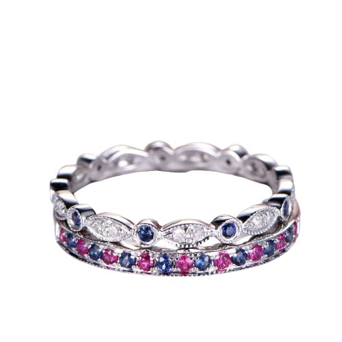 HeartsAndYou 2ct Natural Ruby Sapphire Half Eternity Wedding Bands Set 14k SOLID White Gold