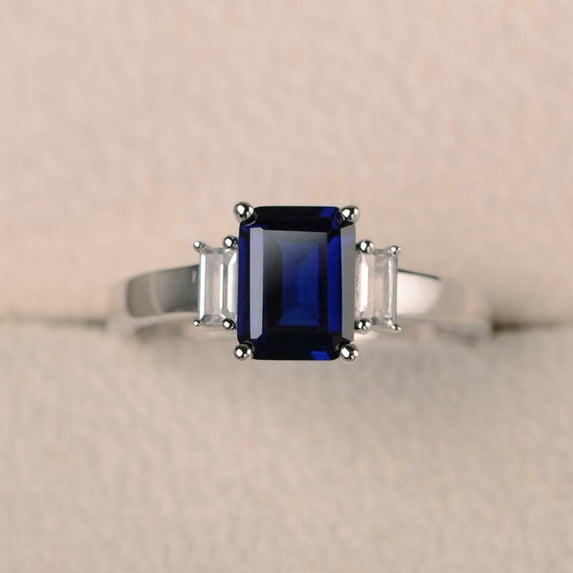 HeartsAndYou 2ct Natural Sapphire & Diamond Baguette Accent Trilogy Ring 14k SOLID White Gold