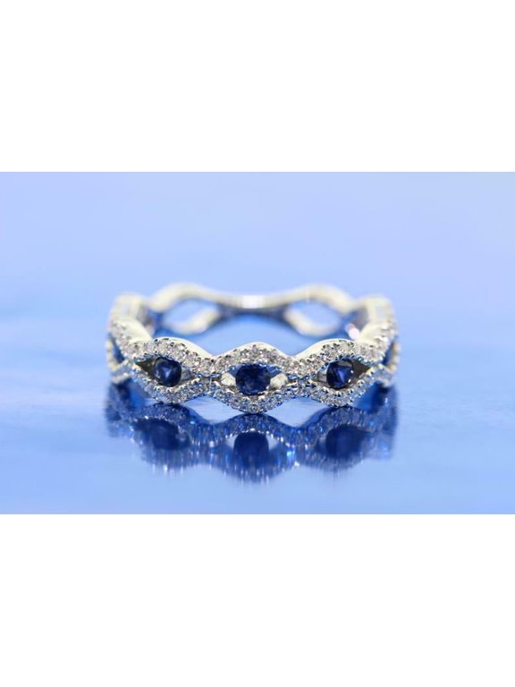 2ct Natural Sapphire & Diamond Wedding Band Infinity Wave 14k Solid White Gold