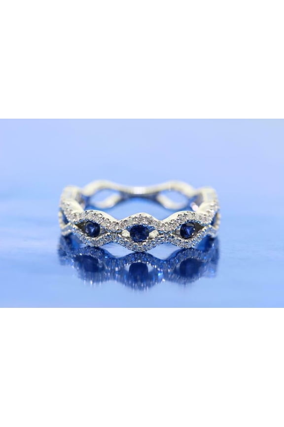 2ct Natural Sapphire & Diamond Wedding Band Infinity Wave 14k SOLID White Gold