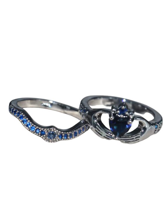 2ct Natural Sapphire Engagement Ring 14k SOLID White Gold Claddagh Bridal Set