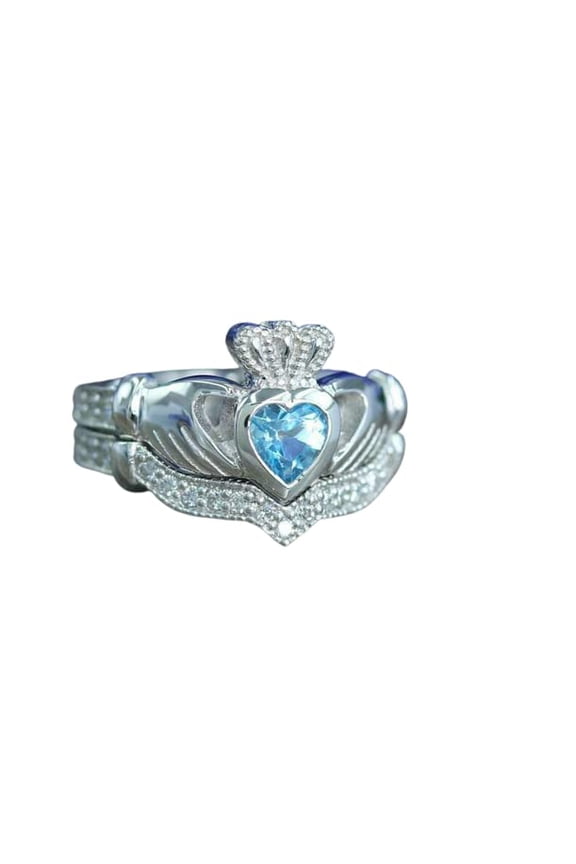 2ct Natural Topaz & Diamond Engage Ring Claddagh Bridal Set 14k SOLID White Gold