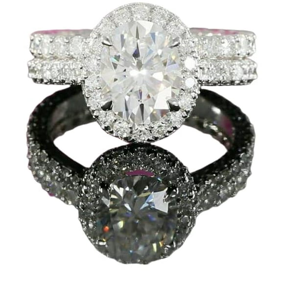 HeartsAndYou 2ct Oval Cut Moissanite Halo Bridal Set Engagement Ring for Women 18k White Gold Over Silver