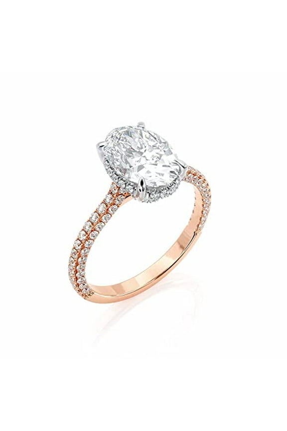 2ct Oval Cut Moissanite Hidden Halo Engagement Ring for Women 18k Rose Gold over Silver Round Accent