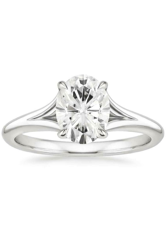 2ct Oval Cut Moissanite Solitaire Ring 18k White Gold over Silver Twisted Split Shank