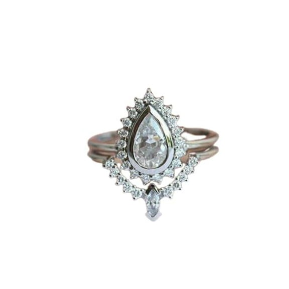 HeartsAndYou 2ct Pear Cut Moissanite Engagement Ring for Women 18k White Gold Over Silver Halo Curved Bridal Set