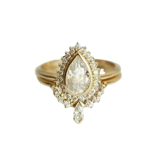 HeartsAndYou 2ct Pear Cut Moissanite Engagement Ring for Women 18k Yellow Gold Over Silver Halo Curved Bridal Set