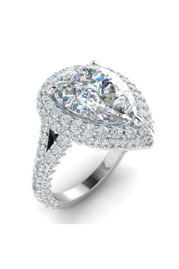2ct Pear Cut Moissanite Split Shank Double Halo Engagement Ring for Women 18k White Gold over Silver