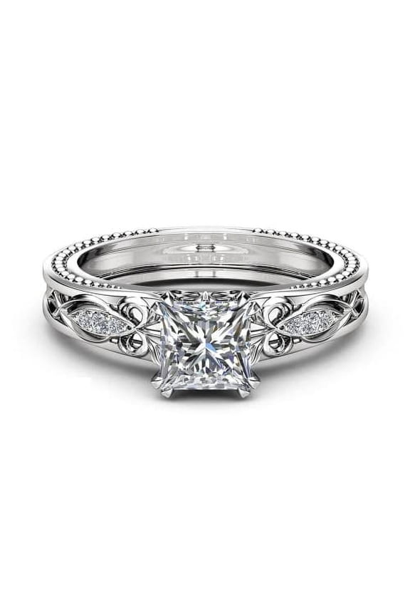 2ct Princess Cut Moissanite Engagement Ring for Women 18k White Gold over Silver Milgrain Art Deco