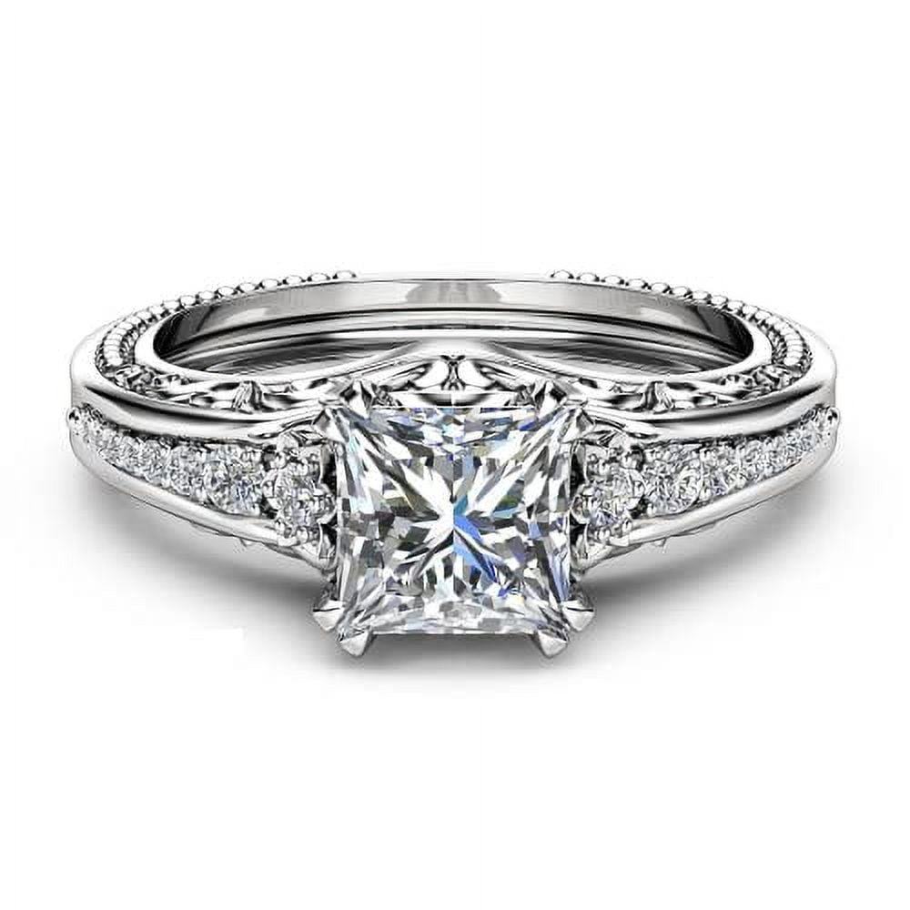 HeartsAndYou 2ct Princess Cut Moissanite Engagement Ring for Women 18k White Gold over Silver Milgrain Vintage Inspired