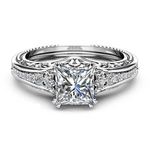 HeartsAndYou 2ct Princess Cut Moissanite Engagement Ring for Women 18k White Gold over Silver Milgrain Vintage Inspired