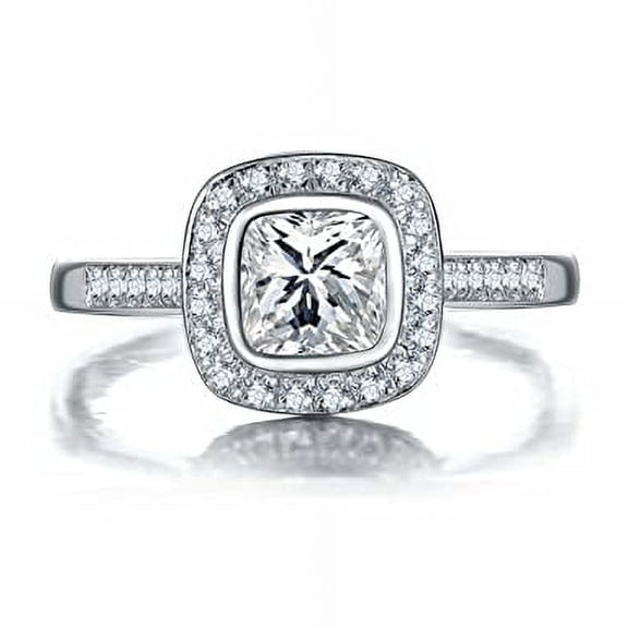 HeartsAndYou 2ct Princess Cut Moissanite Halo Engagement Ring for Women 18k White Gold over Silver Round Accent