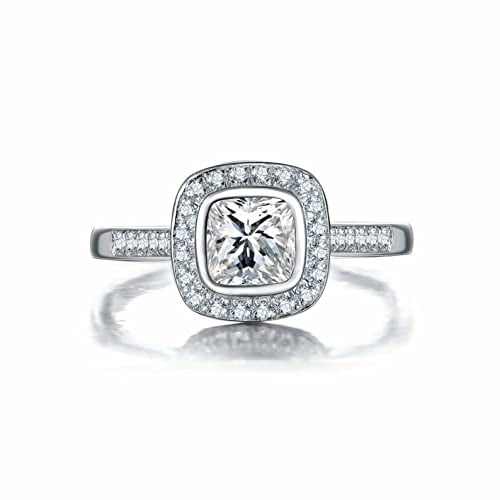 HeartsAndYou 2ct Princess Cut Moissanite Halo Engagement Ring for Women 18k White Gold over Silver Round Accent