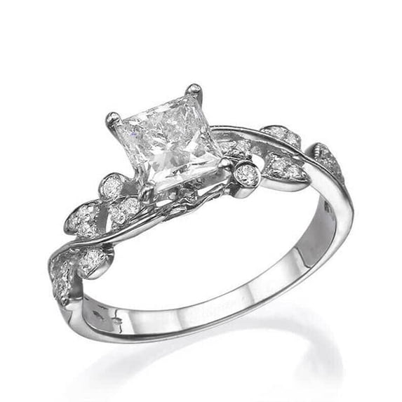 HeartsAndYou 2ct Princess Moissanite Floral Leaf Solitaire with Accent Ring 18k White Gold over Silver