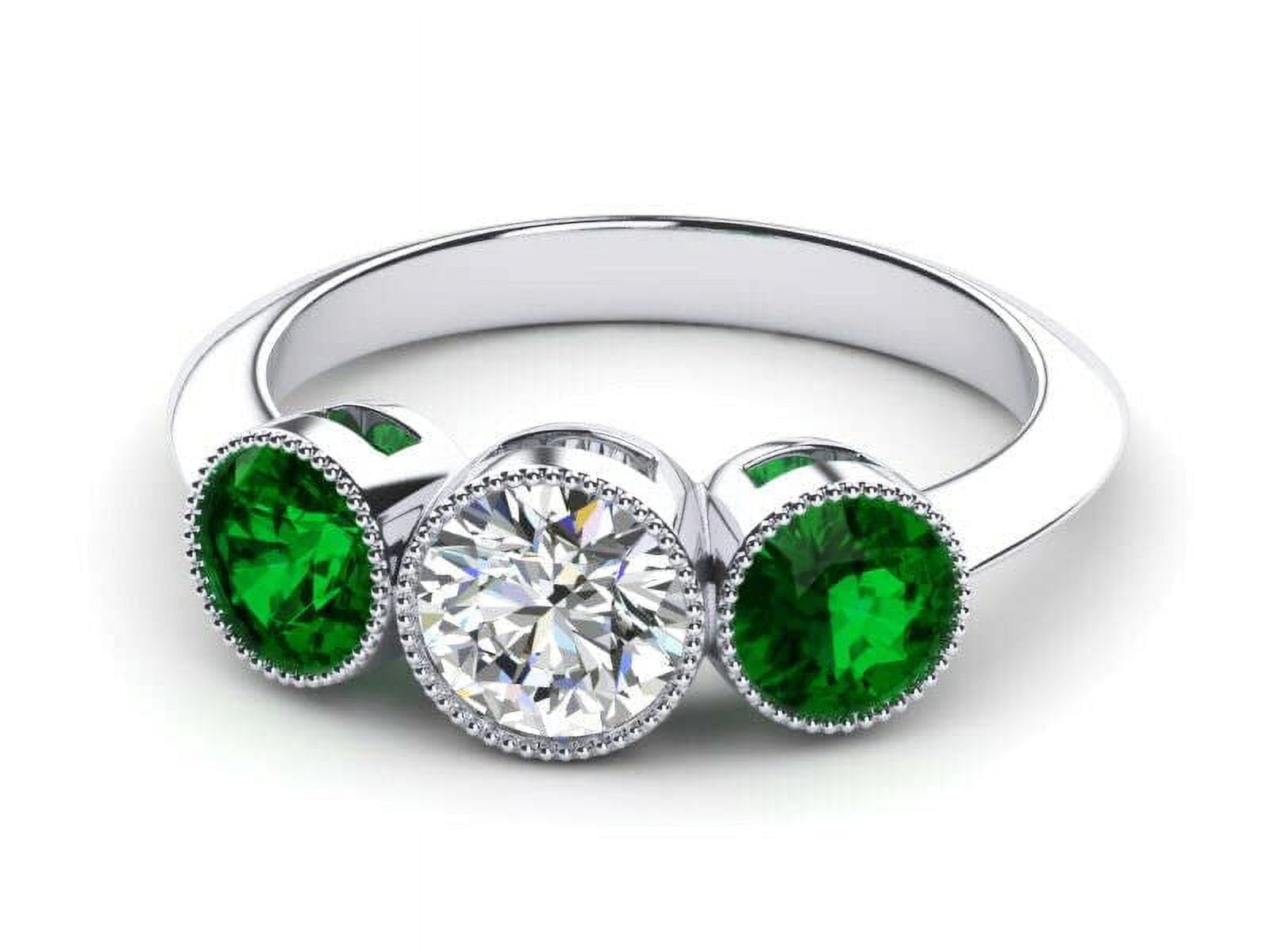 HeartsAndYou 2ct Round Cut Moissanite Emerald Accent 3 Stone Engagement Ring for Women 18k White Gold over Silver Stylish