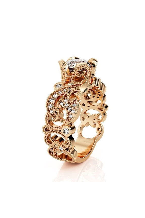 2ct Round Cut Moissanite Engagement Ring for Women 18k Rose Gold over Silver Leaf Filigree Flower