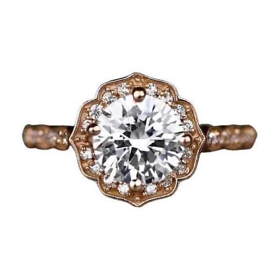 HeartsAndYou 2ct Round Cut Moissanite Engagement Ring for Women 18k Rose Gold over Silver Vintage Inspired Floral Promise